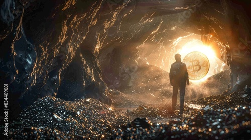 Man stands in a dimly lit cave, surrounded by heaps of gold and a silver bitcoin coin, symbolizing economic distress