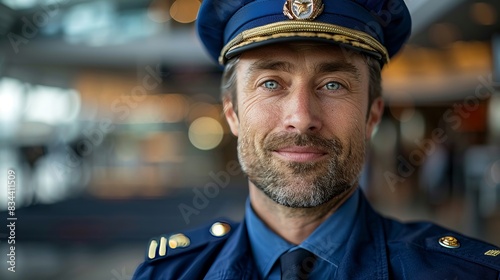 Portrait close-up of a pilot in a blue uniform, showing confidence and professionalism, with an airport background out of focus