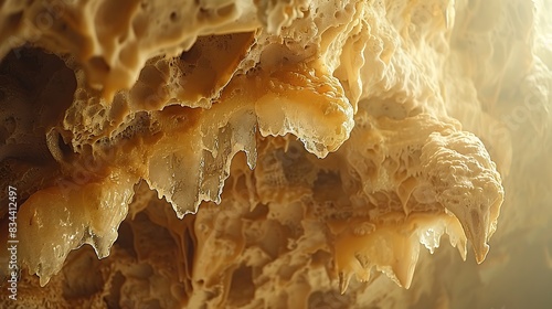 A detailed abstract of limestone stalactites, intricate textures hanging from cave ceilings, formed by mineral deposits over millennia, rich earthy tones, high contrast, hd quality, soft focus.