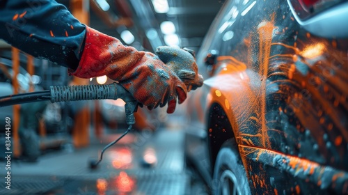 Worker using a paint spray gun to apply a smooth coat on a car in a professional auto body shop, paint particles suspended in the air