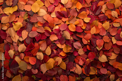 A thick layer of autumn leaves in various stages of color change, filling the entire frame. The leaves exhibit rich hues of red, orange, yellow, and brown.