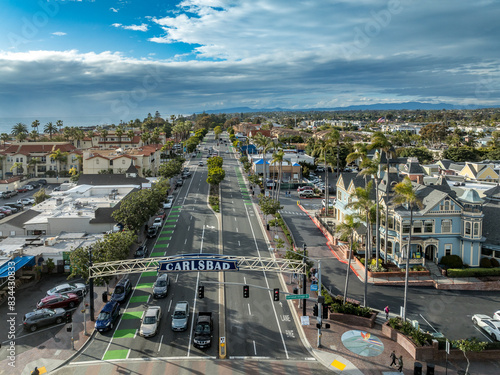 Aerial view of Carlsbad California downtown, Carlsbad boulevard with cloudy blue sky