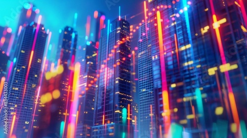Futuristic cityscape with vibrant neon lights and digital elements, representing a modern metropolis and advanced technology.