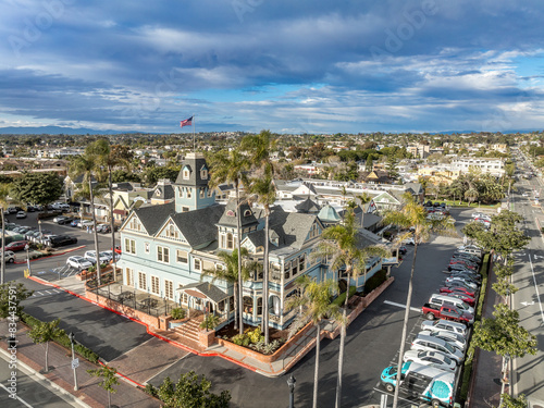 Aerial view of emblematic Victorian building in downtown Carlsbad California