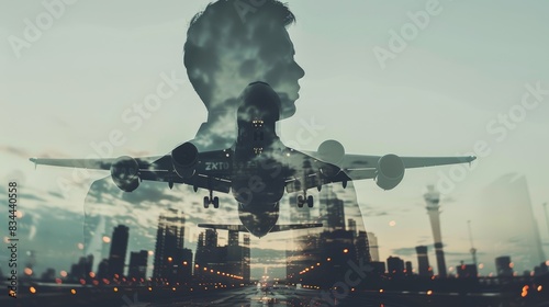 A double exposure image of a man, an airplane, and a cityscape. The man's face is superimposed over the airplane, and the city skyline is in the background.