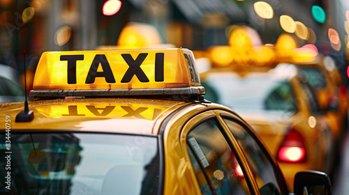 Bright yellow taxi cab in a bustling city street for urban transportation and fast-paced metropolitan life