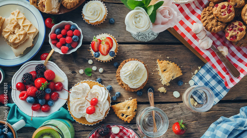 A flat lay of picnic desserts like cupcakes, cookies, and fruit tarts, showcasing sweet treats, picnic desserts, hd, with copy space, inscription Picnic Day