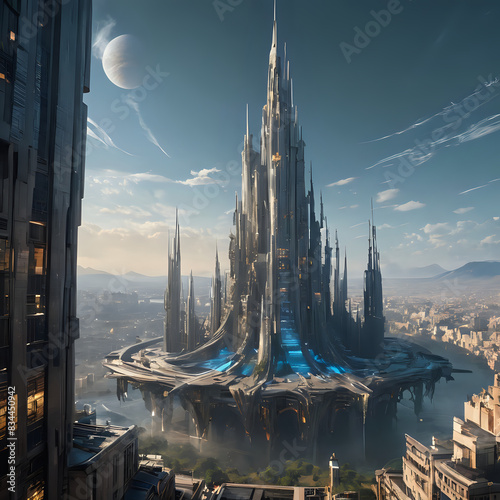 futuristic city with a futuristic tower and a futuristic moon