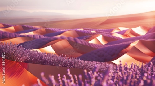 Geometric Introspection: Copper and Sunlit Lavender Fields Against a Provencal Countryside Background for Invitation with Space for Writing, Tranquil and Idyllic Feel with Lavender Field Color