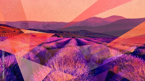 Geometric Introspection: Copper and Sunlit Lavender Fields Against a Provencal Countryside Background for Invitation with Space for Writing, Tranquil and Idyllic Feel with Lavender Field Color