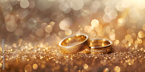 a pair of golden wedding rings. The rings are placed on a sparkling background. The background is filled with bokeh, which gives the image a dreamy and romantic feel.