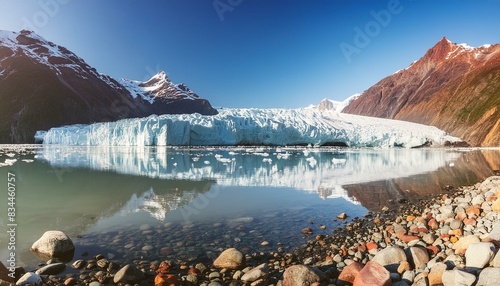 Aesthetic nature background a glacier and surrounding mountains woth a water lake 