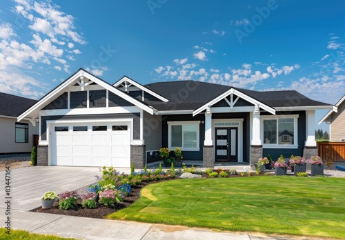 Photo of modern home with white trim and black roof, front yard with green grass, flowers in flower 