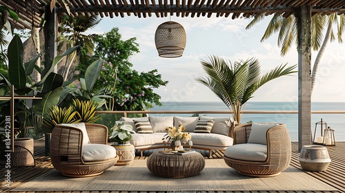 New style villa terrace with rattan furniture set and decorative flowers