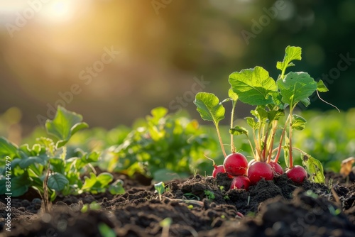 Radish harvest growing in a vegetable garden. The concept of growing vegetables, developing agricultural business.