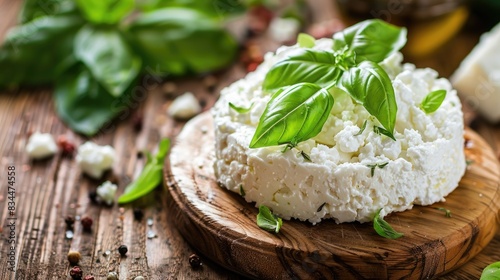 Italian ricotta cheese or cottage cheese with basil on a wooden table Healthy vegetarian diet concept of fermented food