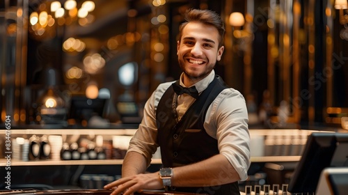 Smiling Young Casino Host Welcoming Guests in Elegant Hospitality Setting