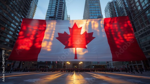 The Canadian flag is flying against the backdrop of tall buildings in the city. Canada Day