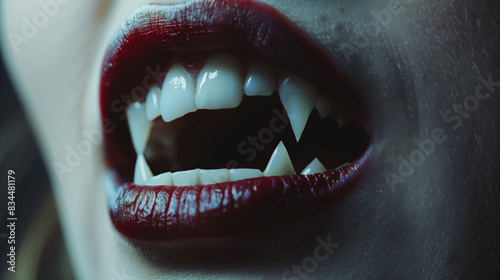 close photo of vampire opened mouth with fangs