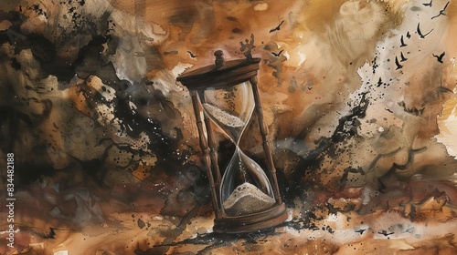 Abstract watercolor illustration of an hourglass with a flowing background representing time