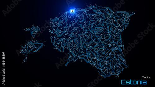 Estonia, with its capital city of Tallinn, is represented as a microchip with a central processing unit. A technological representation of the country's outline. Black background.