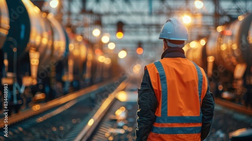  Back View of a Service Worker Overlooking a Freight Train Oil Transport. scale and importance of the energy sector.