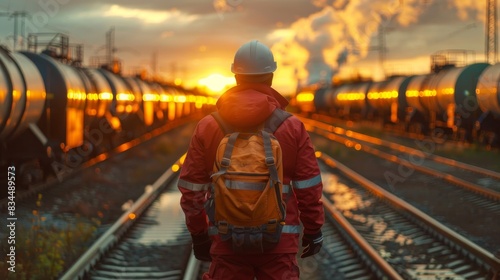  Back View of a Service Worker Overlooking a Freight Train Oil Transport. scale and importance of the energy sector.