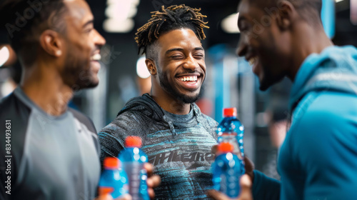 Happy men, dressed in athletic wear, laugh and hold drinks in the gym.