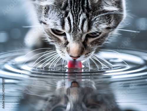 A close-up shot capturing a cat drinking water from a bowl. The image shows the cat's tongue lapping at the water, with ripples forming on the surface