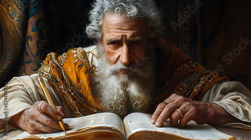 Solomon's Wisdom Literature Create an image of King Solomon writing or reciting poetry and literature