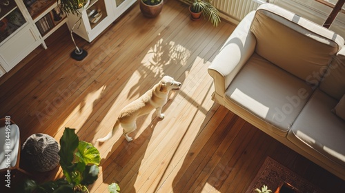 Golden retriever dog standing on hardwood floor in sunlit living room.