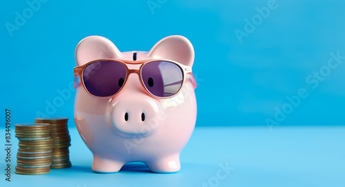 Pink piggy bank next to gold coins, counting profit, calculating budget, financial income, earning and saving, tax payment and loan interest, economic balance