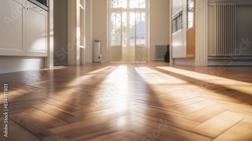 A low angle shot of a modern kitchen with light streaming through a large window onto a hardwood floor. The floor is a warm brown and the light creates a pattern of stripes on the floor.