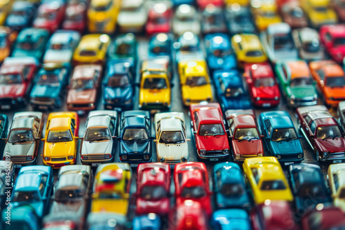 A crowded scene of miniature toy cars, tightly arranged to fill the entire frame. The cars come in various models and bright colors like red, blue, yellow, and green