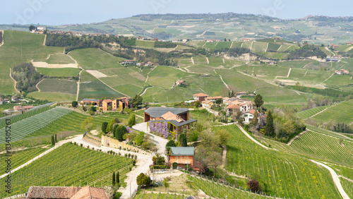 Amazing aerial view of the village of Serralunga d'Alba, one of the Most Beautiful Villages of Italy. Cuneo, Italy