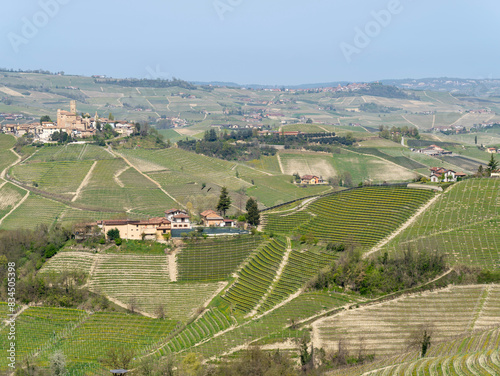 Amazing aerial view of the village of Serralunga d'Alba, one of the Most Beautiful Villages of Italy. Cuneo, Italy