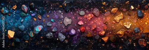 Lots of raw gemstones and simple stones on a textured dark background. Different shades, deep color. Banner, poster, background. Ultra wide