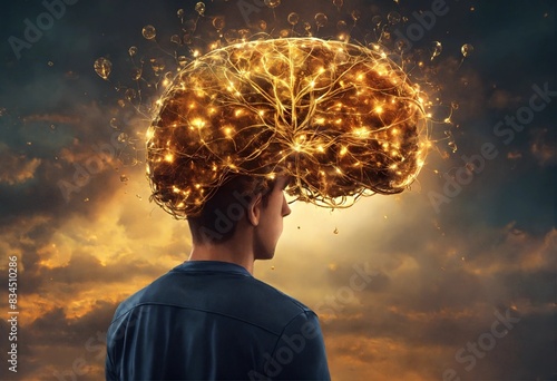 a people is thinking a clouds of thoughts on his head