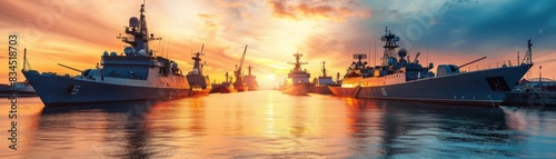 Stunning sunset over a naval dock with warships lined up, reflecting on the calm water, creating a serene yet powerful maritime scene.