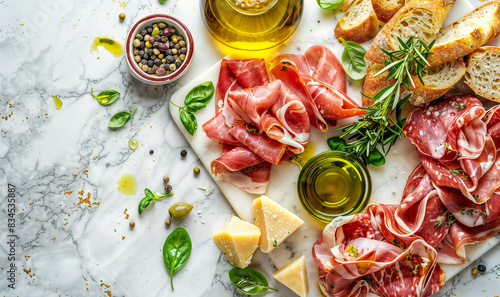 ciabatta bread with prosciutto, cheese and olive oil on a white table seen from above with copy space