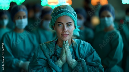 Médica orando com a equipe na mesa de cirurgia
