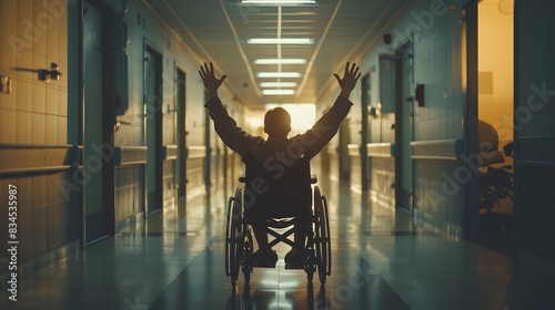 Man in wheelchairs thanking God leaving hospital, Homem de cadeiras de roda agradecendo a Deus saindo do hospital