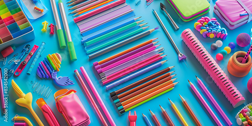 School supplies on a pastel blue background Top view. Various colorful school supplies on wooden table Back to school concept