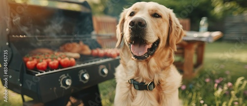 Happy dog near barbecue grill with sizzling meat and vegetables. Summer backyard BBQ with golden retriever in warm sunlight.