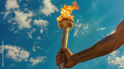 A close-up of a hand holding an Olympic torch with a vibrant flame against a blue sky with scattered clouds, symbolizing unity and tradition. 