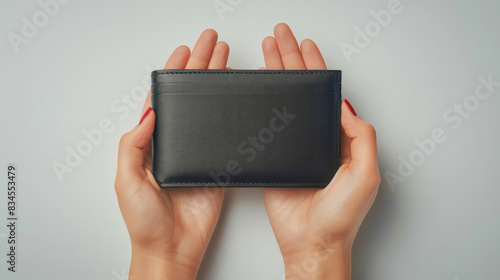 photo woman hand holding black horizontal wallet with two hands white background.Generative AI