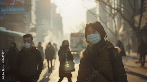 effect of air pollution, global warming, people wearing masks in street with visible air pollution