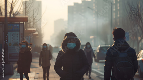 effect of air pollution, global warming, people wearing masks in street with visible air pollution