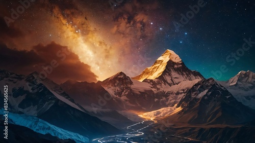 Panoramic view of great Himalayan range at evening, with the mountains glowing in the warm light of the starry night with a lot of stars
