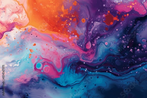 Colored floating liquid, background illustration of a colored floating liquid in the trend colors pink, orange, blue, and violet, AI generated